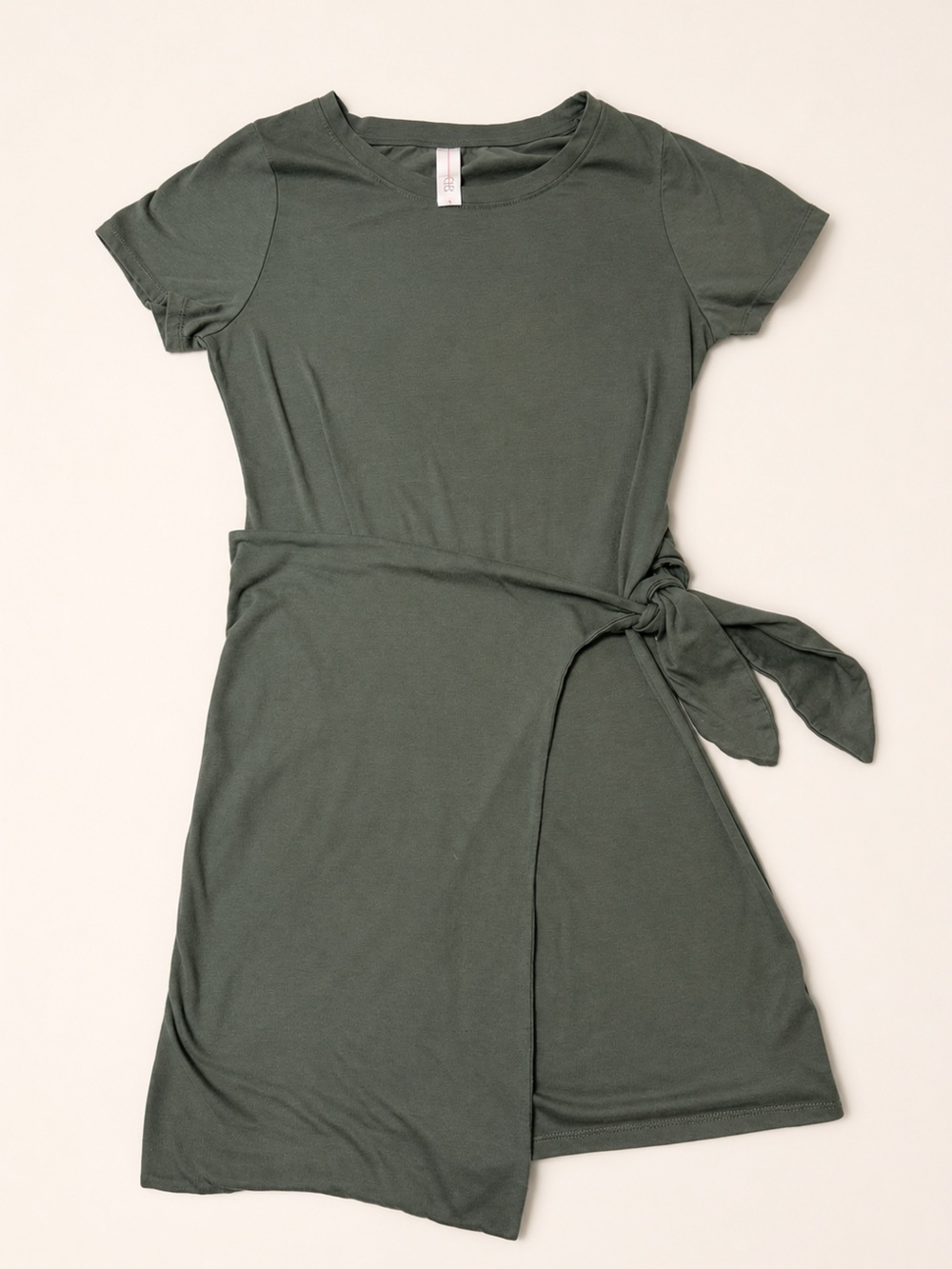 Olive Tie-Waist Short Sleeve Dress - Unbranded